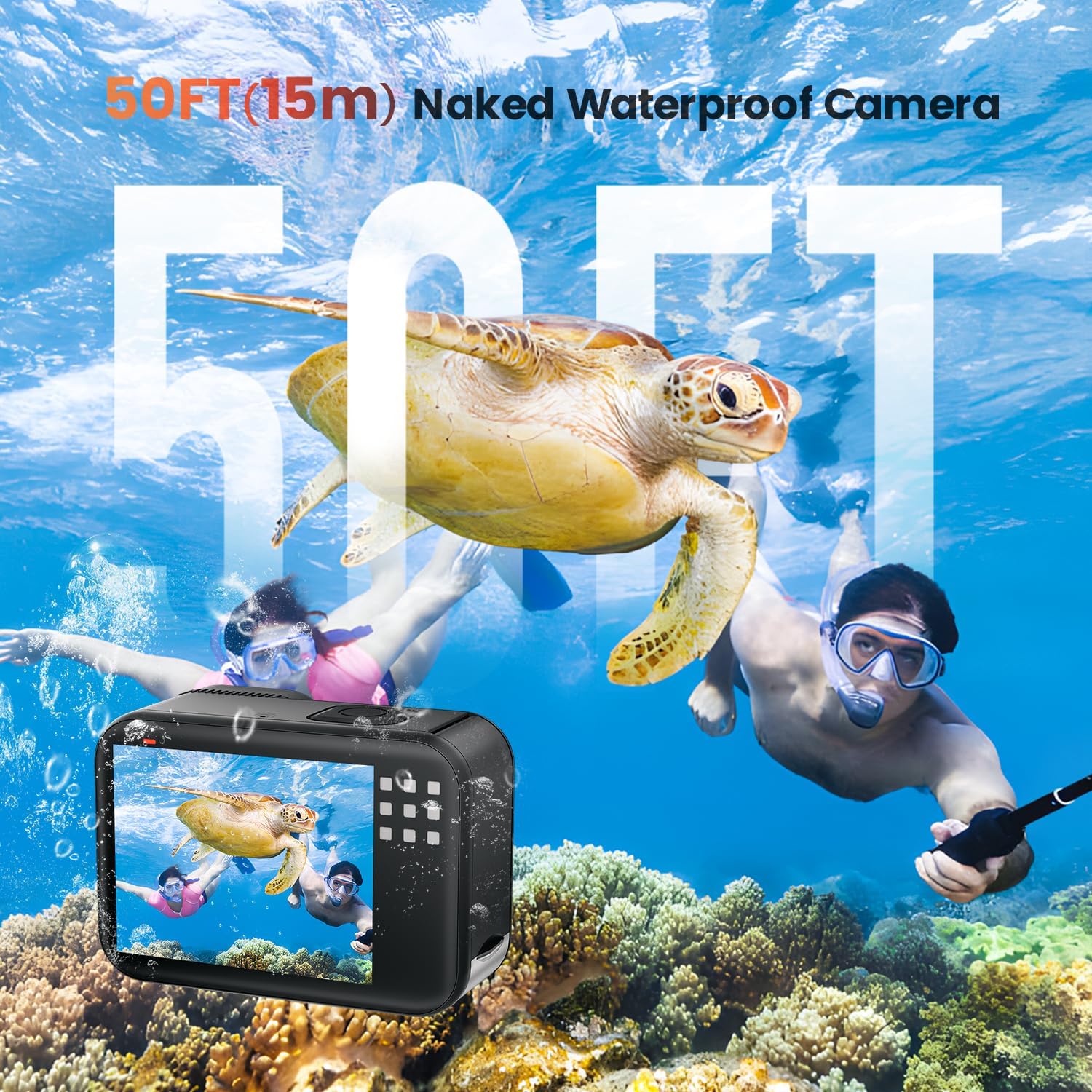4K 60FPS 48MP WiFi Action Camera with Touch Screen, 50FT Underwater Waterproof Camera, No Case Needed, EIS Motorcycle Camera, 8X Zoom, 64GB Card, Remote Control, Batteries & Mounting Kits - Image 2